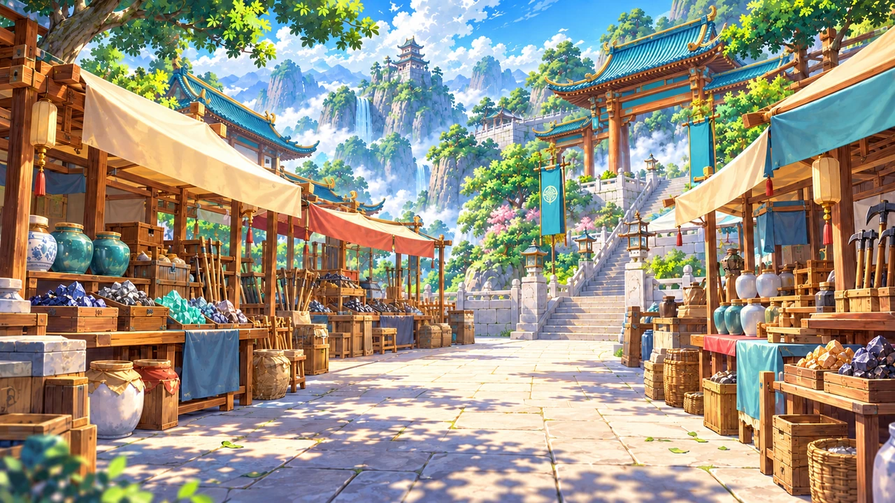 Market stalls lining a stone path through the sect.