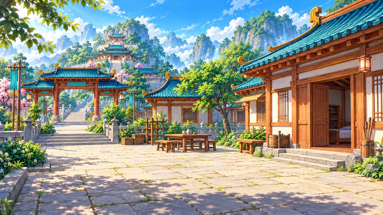 The outer courtyard, with blue-tiled roofs, flowering trees and mountain views.