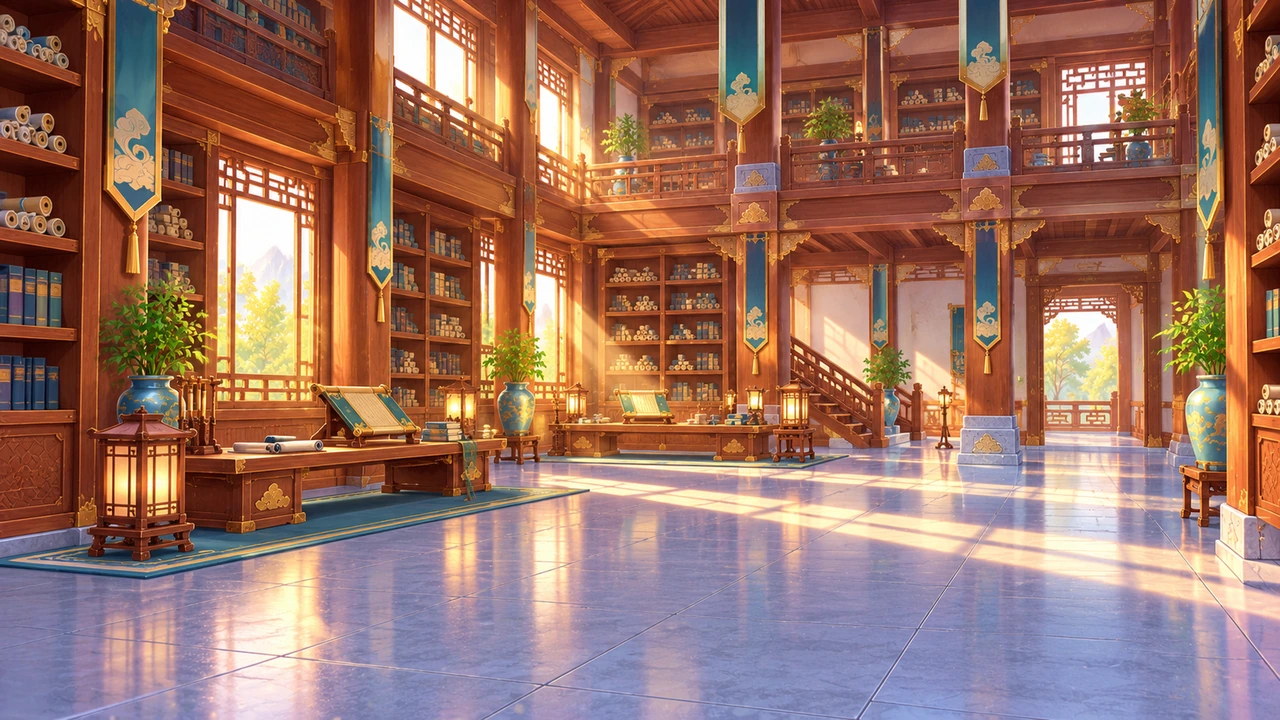 A sunlit pavilion lined with scrolls and reading desks.