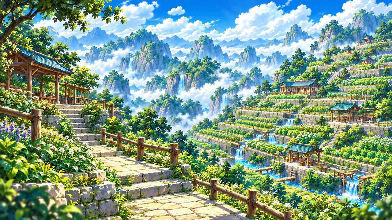 Terraced spirit fields beneath the sect’s mountain peaks.