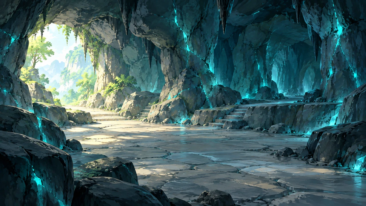 Blue-green mineral light inside the Spirit Vein Caves.