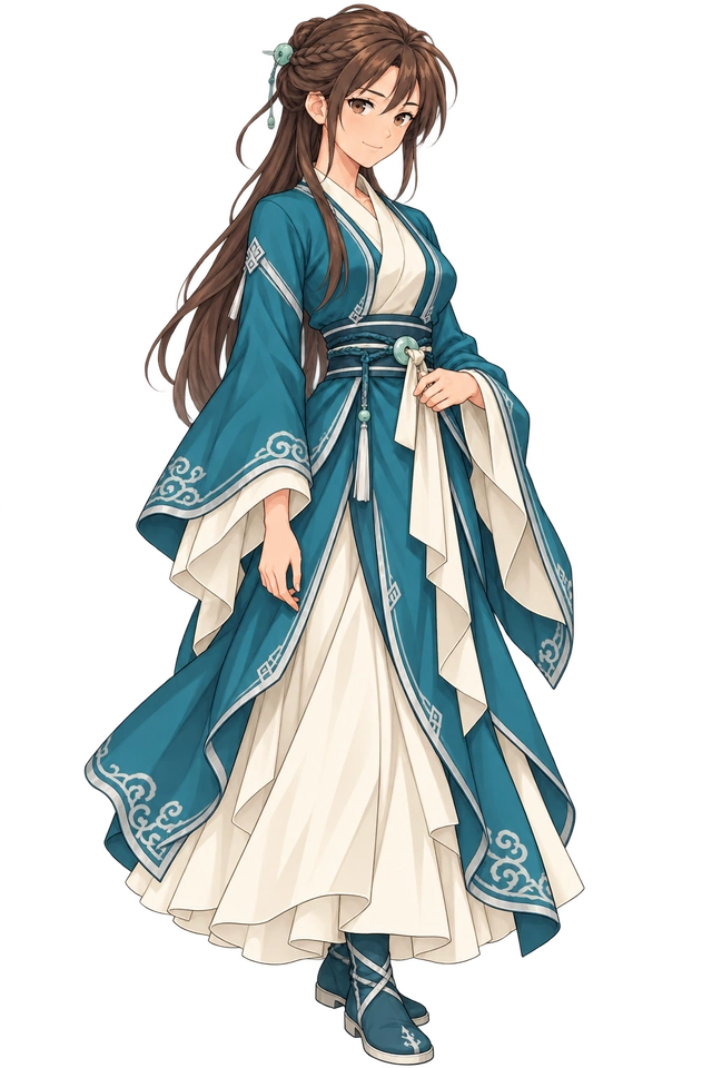 Wen Ruyue in teal-and-white cultivator robes.